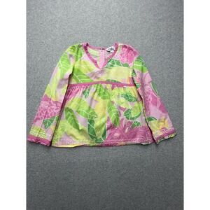 Lilly Pulitzer Shirt Girls 7 Pink Green Floral Embroidered Tunic Long Sleeve Top
